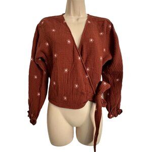 Madewell Wrap Gauze Cotton Side Tie Blouse Embroidered Pink Flowers Size XS